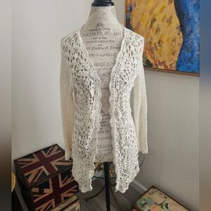 Vintage Together White Crochet Sequin Cardigan Boho Cottagecore Duster Size L